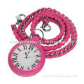 Fashion plastic pocket watch, long metal and leather chain, suitable for bag decoration